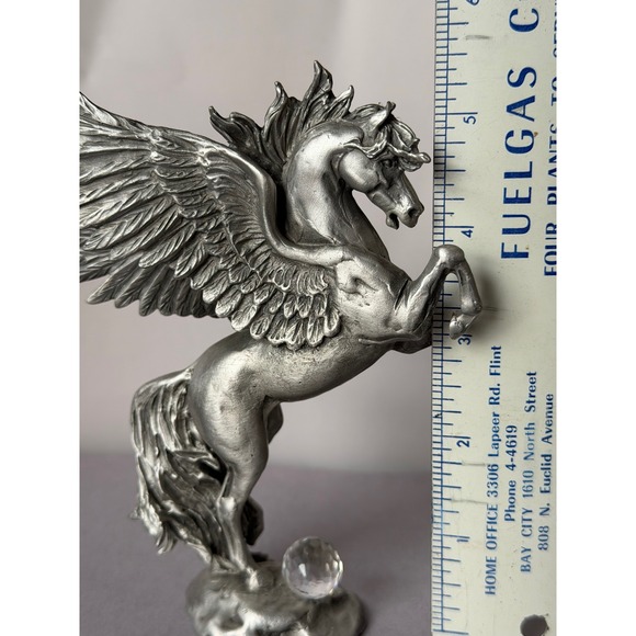 Vintage Pewter Pegasus Figurine Rearing Winged Horse Crystal Ball Fantasy Decor - Picture 2 of 10